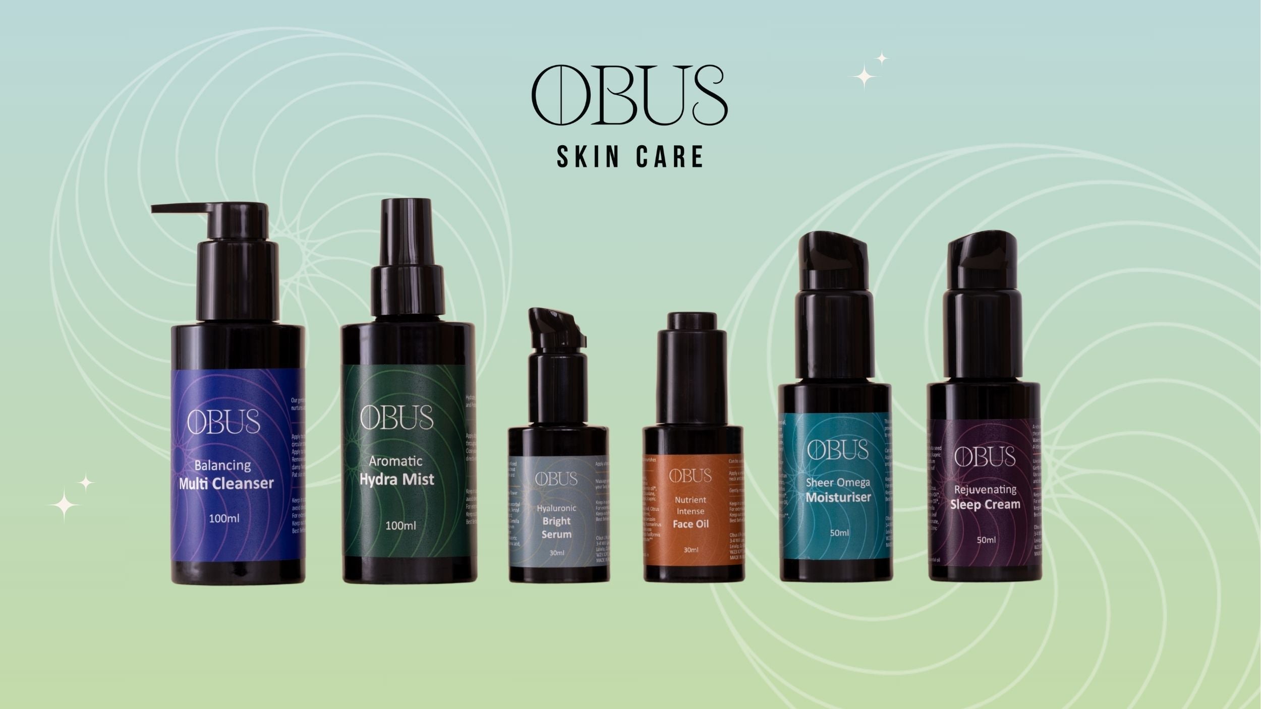 OBUS skincare product lineup on a gradient green background